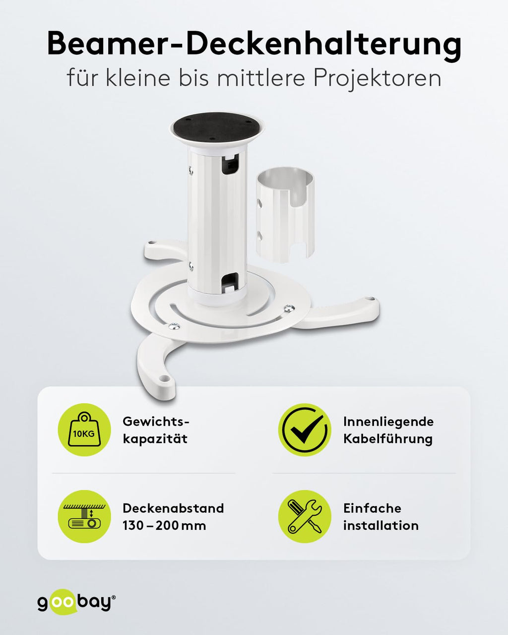 Goobay BeamerFlex Projektor-Deckenhalterung – für kleine bis mittlere Größen (bis zu 10 kg) – beweglich um 15° neigbar und 360° schwenkbar – Höhenverstellung – einfache Installation – Weiß 51896