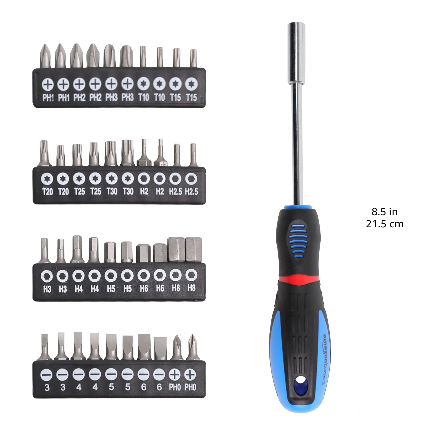 Amazon Basics Schraubendreher-Set, 58 Stück, Präzisions-Schlitze, Kreuzschlitz, Torx, Schwarz