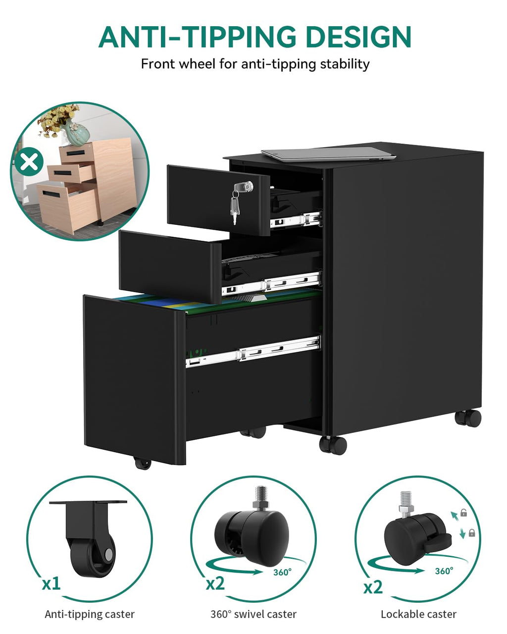 YITAHOME Rollcontainer, Abschließbar Rollcontainer mit 3 Schubladen, Metall Mobiler Aktenschrank Büroschrank mit Rollen für A4, Legal, Letter Home-Office, Hängeregistratur, Schwarz, 46 x 30 x 59cm