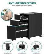 YITAHOME Rollcontainer, Abschließbar Rollcontainer mit 3 Schubladen, Metall Mobiler Aktenschrank Büroschrank mit Rollen für A4, Legal, Letter Home-Office, Hängeregistratur, Schwarz, 46 x 30 x 59cm