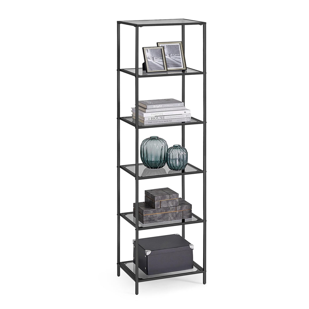 VASAGLE Badregal mit 6 Ablagen, gehärtetes Glas, einfache Montage für Badezimmer, Wohnzimmer, Küche, Büro, Schiefergrau, Schwarze Tinte LGT500G01