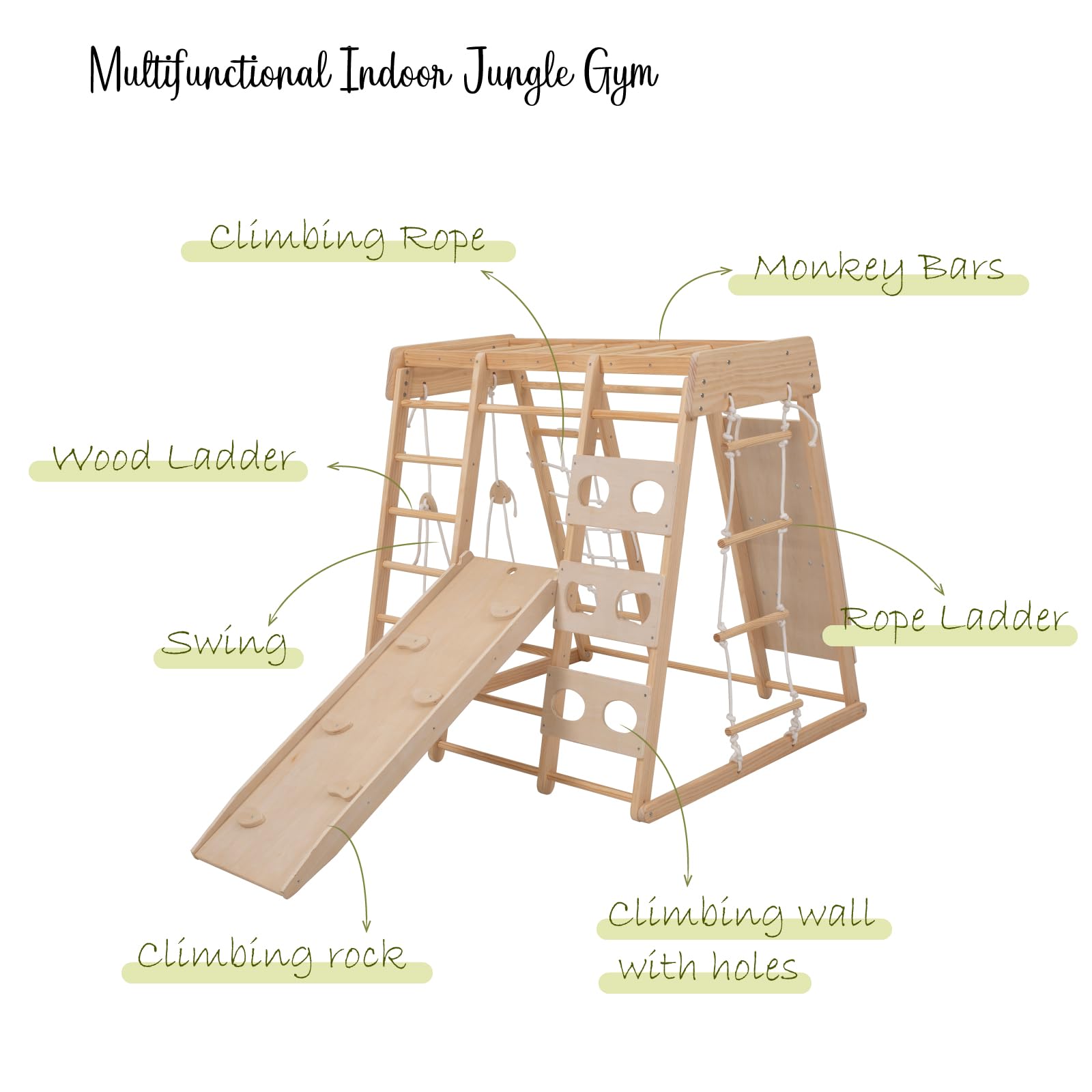Giant bean 5-in-1 Montessori Kletterdreieck mit Kletterbogen und Rutsche, Holzdreieck für Kleinkinder ab 2-5, Indoor Kletterspielzeug, Regenbogen mit Griff (8 in 1)