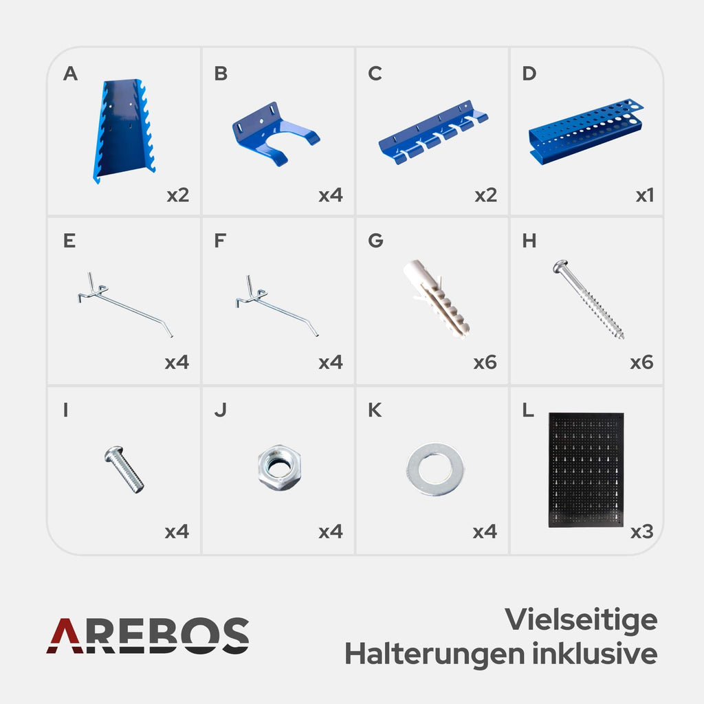 Arebos Werkzeugwand 3-teilige Lochwand Werkstatt | 17-teiliges Hakenset & Halterungen | 117,6 x 59,5 x 2 cm | Werkzeuglochwand aus Metall für Werkstatteinrichtung inkl. Montagematerial | Blau