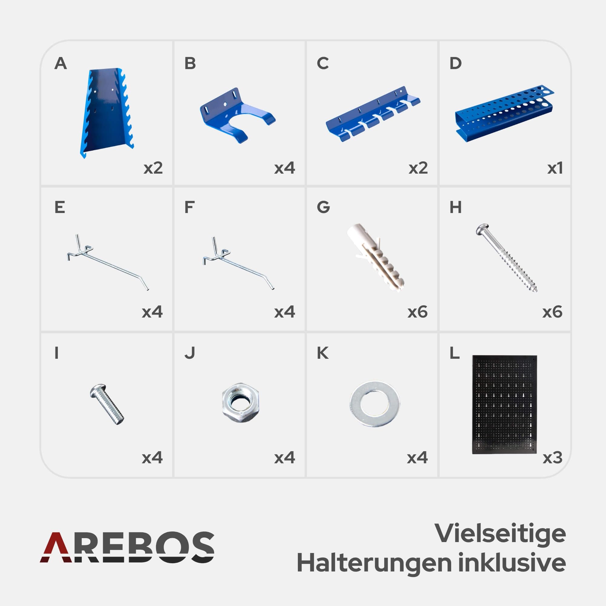 Arebos Werkzeugwand 3-teilige Lochwand Werkstatt | 17-teiliges Hakenset & Halterungen | 117,6 x 59,5 x 2 cm | Werkzeuglochwand aus Metall für Werkstatteinrichtung inkl. Montagematerial | Blau
