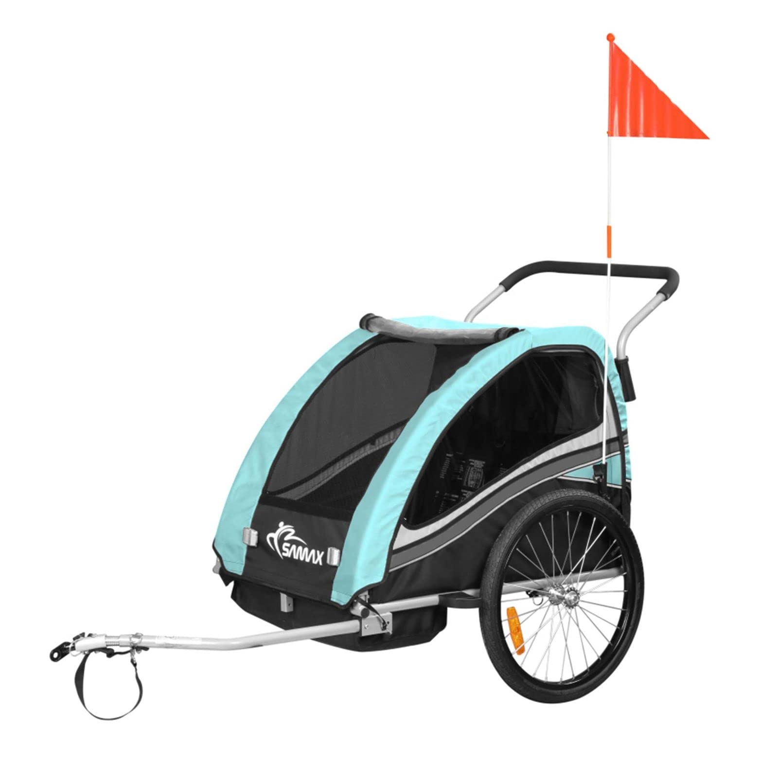 SAMAX Fahrradanhänger Jogger 2in1 360° drehbar Kinderanhänger Kinderfahrradanhänger Transportwagen vollgefederte Hinterachse für 2 Kinder in Türkis - Black Edition