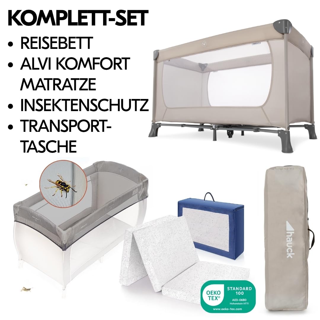 hauck Baby Reisebett Set Dream N Play mit extra Alvi Komfort Matratze und Moskitonetz - faltbares Kinder Babyreisebett mit Tasche - Beige
