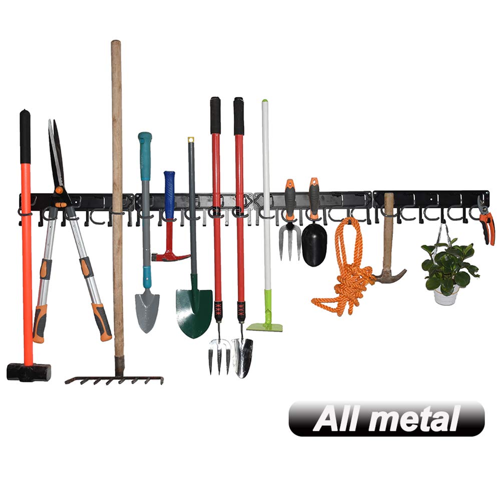 YueTong 172,7 cm Gartenwerkzeug-Organizer aus Metall, verstellbare Garagen-Wand-Organizer und Aufbewahrung, robuste Wandhalterung mit Haken für Besen, Rechen, Mop, Schaufel (4 Stück)