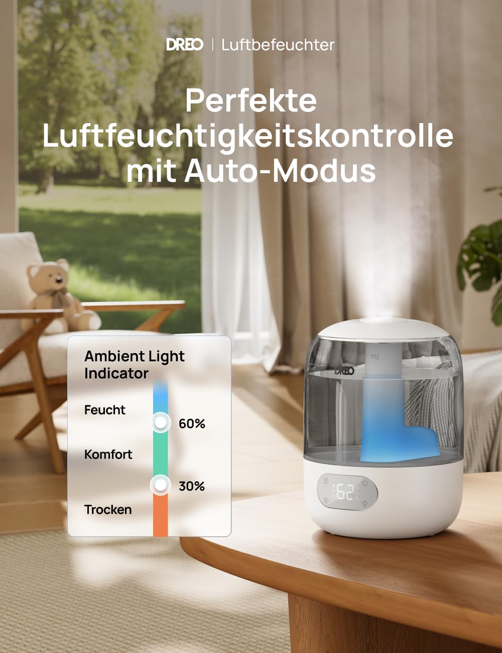 Dreo Luftbefeuchter für Schlafzimmer, kühler Nebel Luftbefeuchter für Haus und großen Raum, leiser Luftbefeuchter für Baby, Nachtlicht, ätherisches Diffusor, schnelle Ultraschall Luftbefeuchter