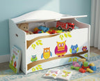 Leomark Kinderbank Hölzerne - Eulen XL - Kindertruhenbank, Behälter für Spielzeug, Truhe für Kinderzimmer, Kindermöbel, Sitzbank Höhe: 46 cm