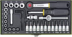 PROXXON Steckschlüsselsatz, Feinmechaniker-Satz mit 1/4"-Umschaltratsche sowie Schraubendrehergriff, 36-teiliges Werkzeug-Set mit Stahlkasten, 23080, 30 x 12.5 x 5 cm
