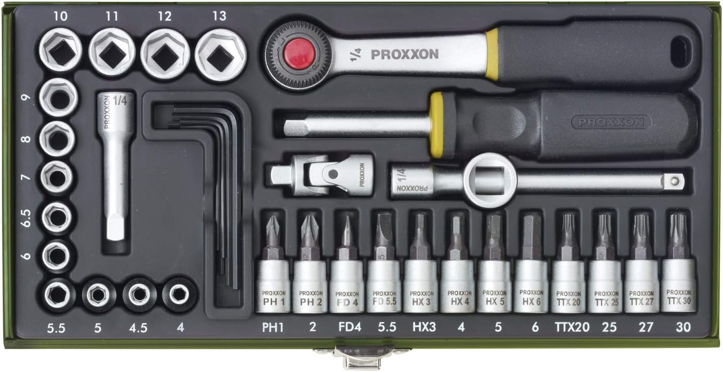 PROXXON Steckschlüsselsatz, Feinmechaniker-Satz mit 1/4"-Umschaltratsche sowie Schraubendrehergriff, 36-teiliges Werkzeug-Set mit Stahlkasten, 23080, 30 x 12.5 x 5 cm