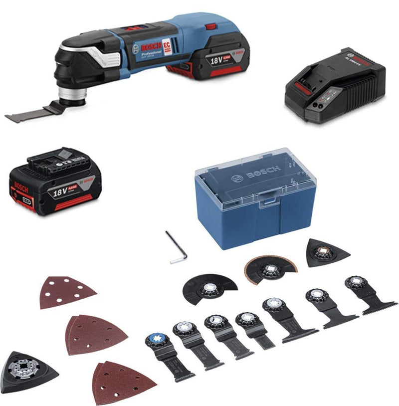 Bosch Professional 18V System Akku Multi-Cutter GOP 18V-28 (inkl. 2x 5.0Ah Akku, GAL 1230 CV, 7x Tauchsägeblatt, 10x Schleifpapier, 3x Segmentsägeblatt, 1x Schleifplatte, L-BOXX)