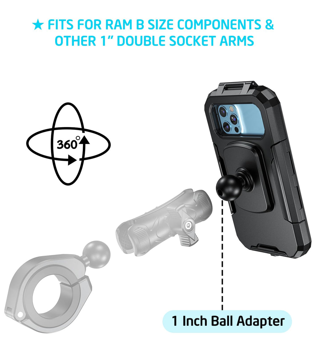 iMESTOU wasserdichte Motorrad Telefonhalterung IP66 mit 2,5 cm Kugelkopf 360° Drehbar Passend für RAM B Größe Zubehör, Geeignet für 5,5"-6,8" Smartphones mit max. Dicke 1,1 cm (Größe L)