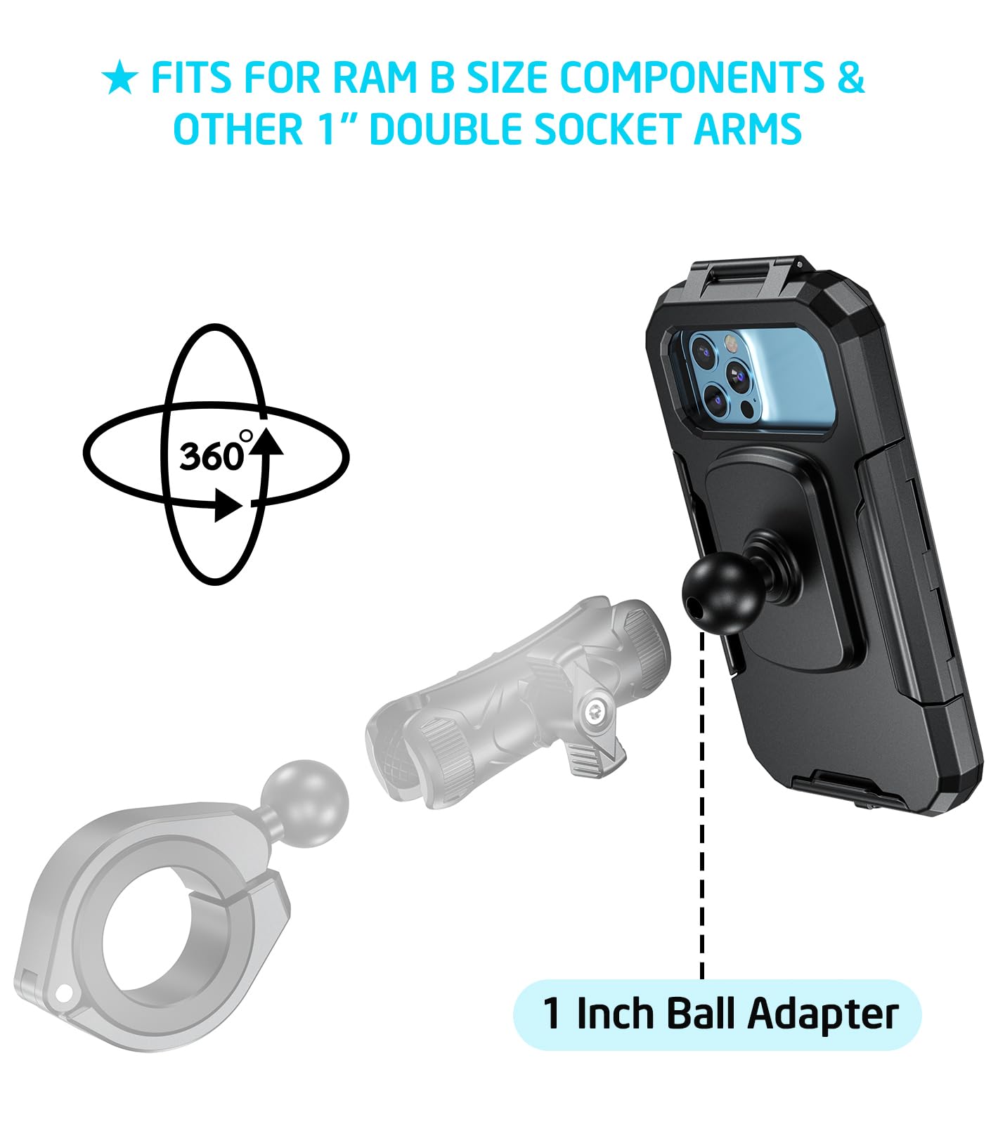 iMESTOU wasserdichte Motorrad Telefonhalterung IP66 mit 2,5 cm Kugelkopf 360° Drehbar Passend für RAM B Größe Zubehör, Geeignet für 5,5"-6,8" Smartphones mit max. Dicke 1,1 cm (Größe L)