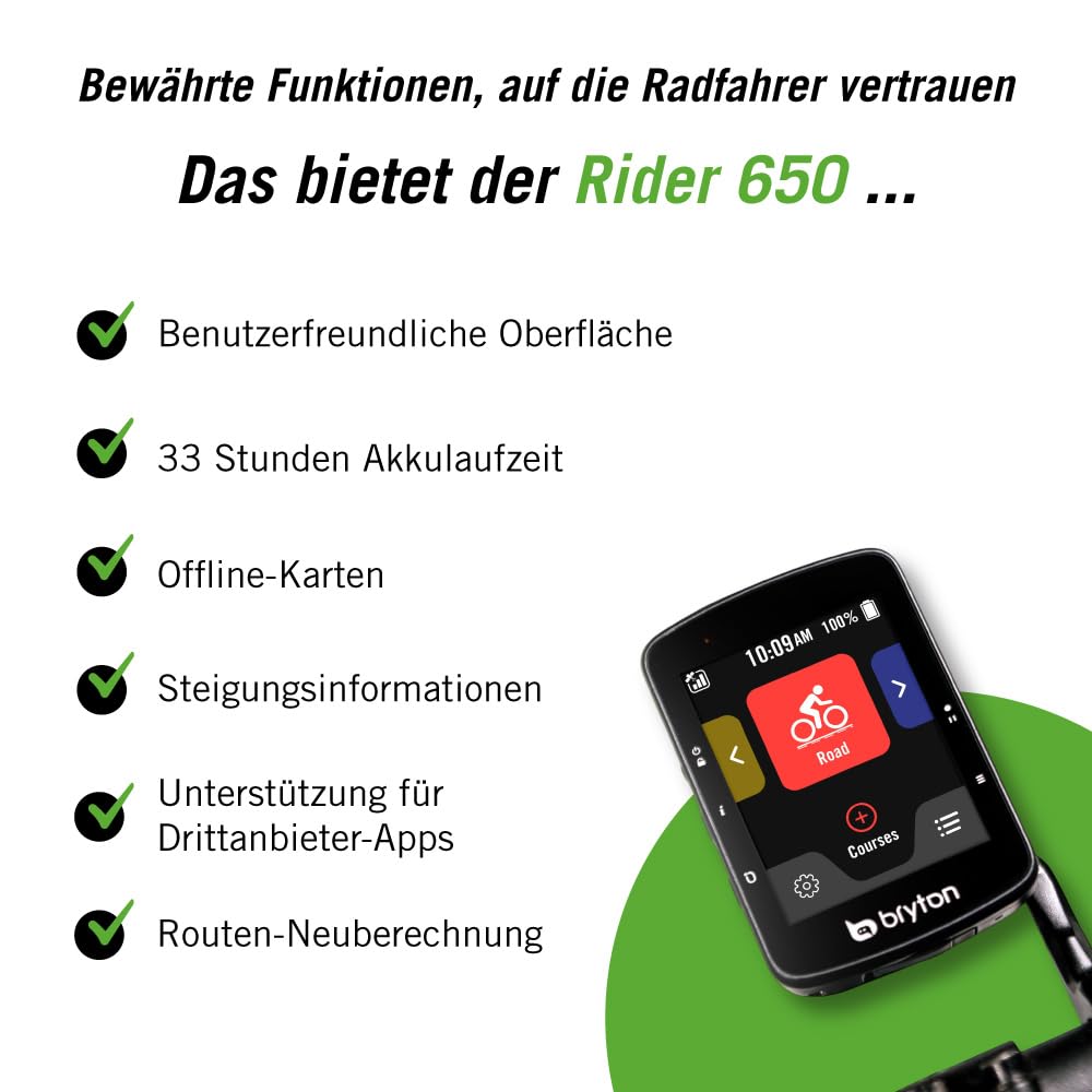 Bryton Rider 650 GPS-Fahrradcomputer, 2,8" Farb-Touchscreen, bis zu 33 Stunden Akkulaufzeit, vorinstallierte Europakarten, Abbiegen-Navigation, automatische Helligkeitsanpassung, ANT+/BLE