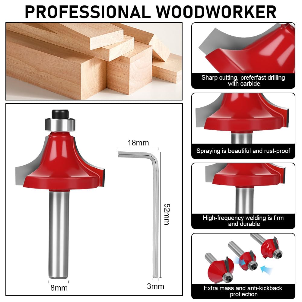 flintronic Fräser-Set, 8MM Fräsen Werkzeug Set, 15-TLG Holzkoffer Geschmiedeter Werkzeugstahl Oberfräser, Bündigfräser, Holzschneider mit Kunststoff-Box, Bodenreinigung für Holzbearbeitung