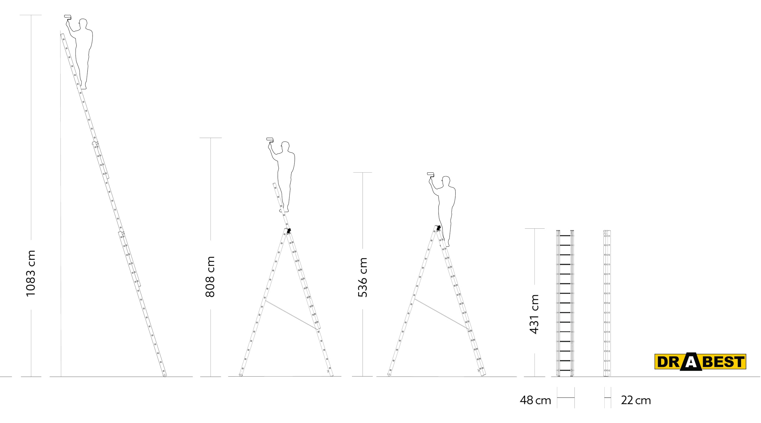 DRABEST Leiter PRO Serie Aluleiter 3-teilig Mehrzweckleiter 3x16 Stufen Leiter Multifunktionsleiter Kombileiter bis 150 kg Beslastbar - Arbeitshöhe 10,83 m - inkl. Eimerhaken