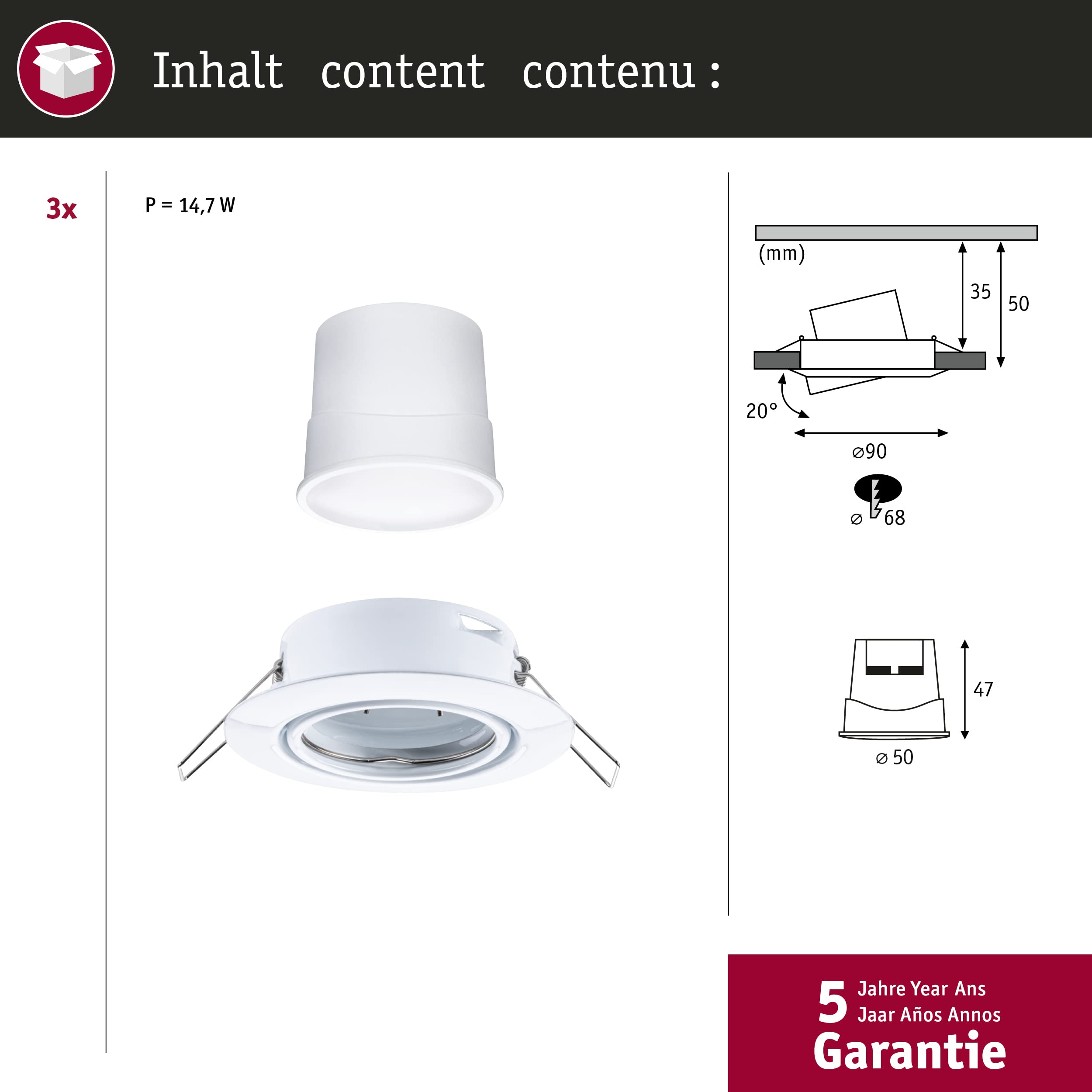 Paulmann 92466 LED Einbauleuchte Base Smart Home Zigbee Basisset schwenkbar rund 230V 3x4,9W 3x420lm dimmbar 90mm Weiß Metall RGBW+