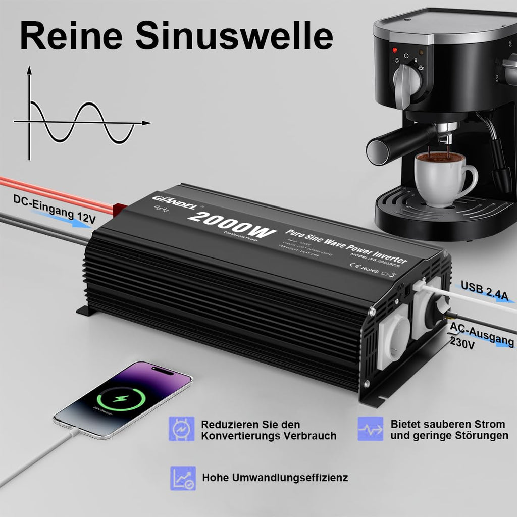 GIANDEL 2000W Wechselrichter 12V auf 230V Reiner Sinus KFZ Spannungswandler Kompatibel mit LiFePO4 Power Inverter mit Fernbedienung und USB Anschlüsse für Wohnmobil LKW Auto Camping