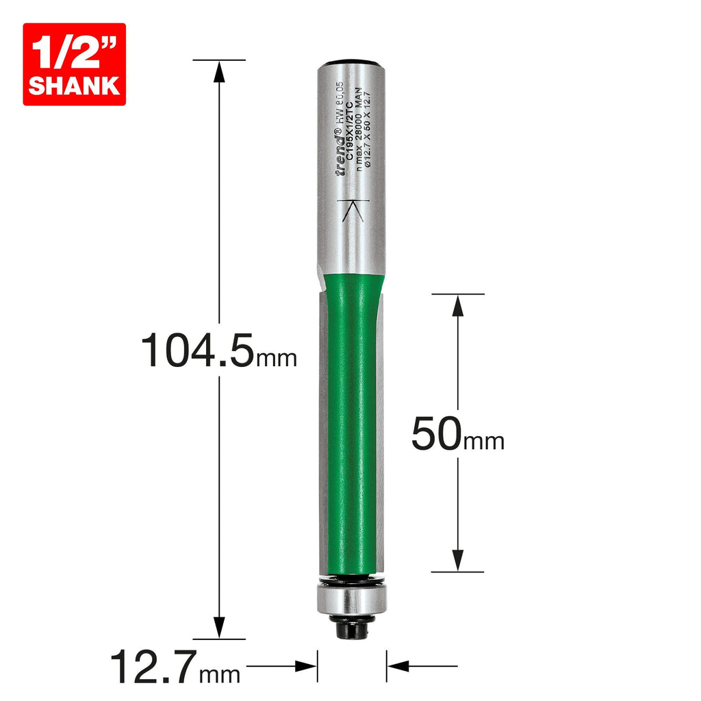 Trend CraftPro Kugelgelagerter Kantenfräser, 1/2 Zoll Schaft, 12,7 mm Schnittdurchmesser, 50 mm Schnittlänge, Hartmetallbestückt, C195X1/2TC