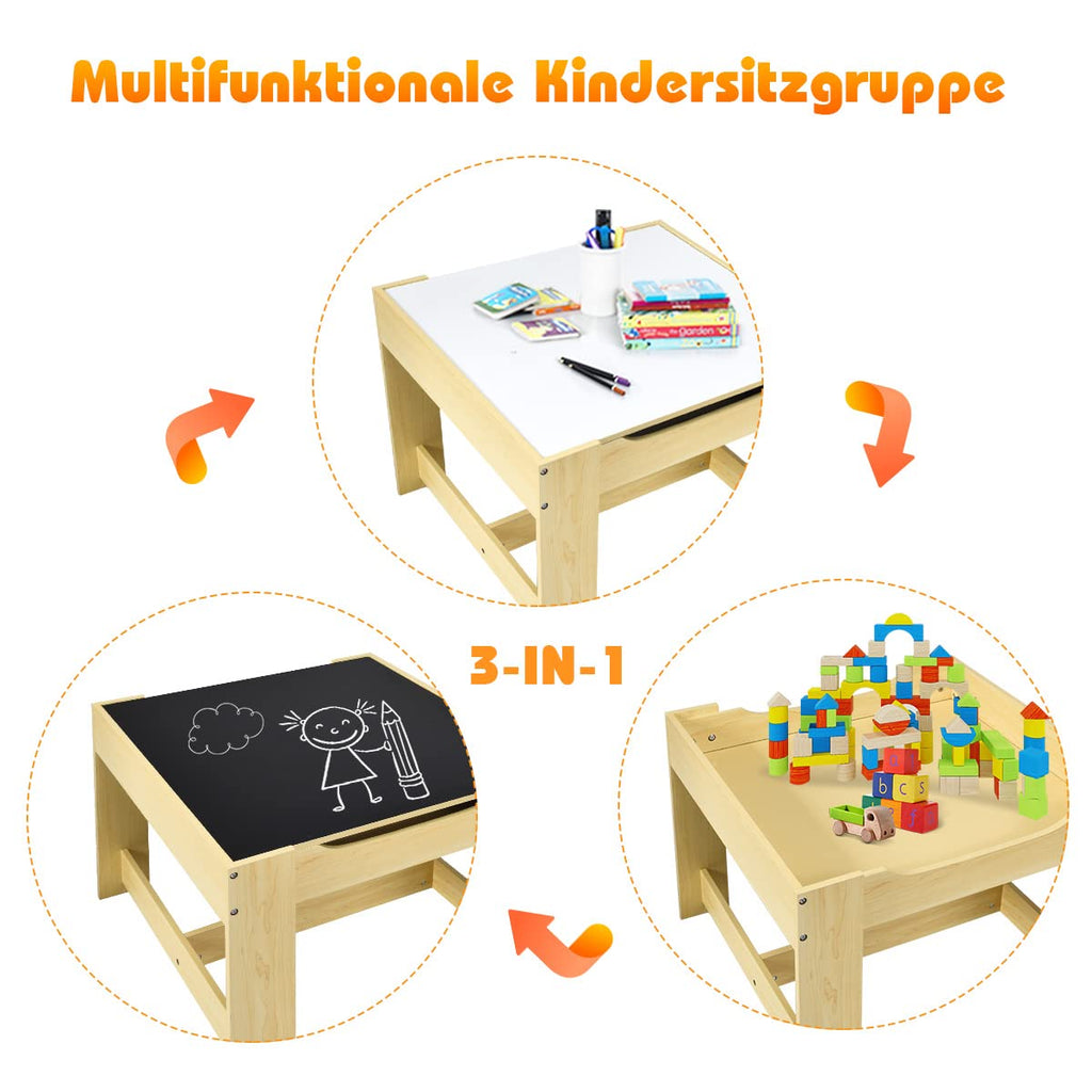COSTWAY 3 TLG. Kindersitzgruppe, Kindertisch mit 2 Stühlen aus Holz, 3 in 1 Maltisch & Aktivitätstisch & Tafeltisch, Kindermöbel Kindersitzgarnitur für Kleinkinder von 3-7 Jahren (Natur)