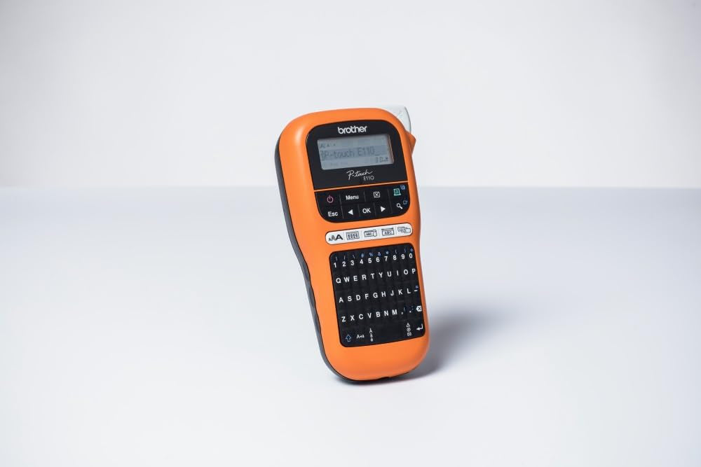 Brother PT-E110 Industrielles Beschriftungsgerät (für 3,5 bis 12 mm breite TZe-Schriftbänder, Beschriftung von Kabeln und Anschlüssen), orange