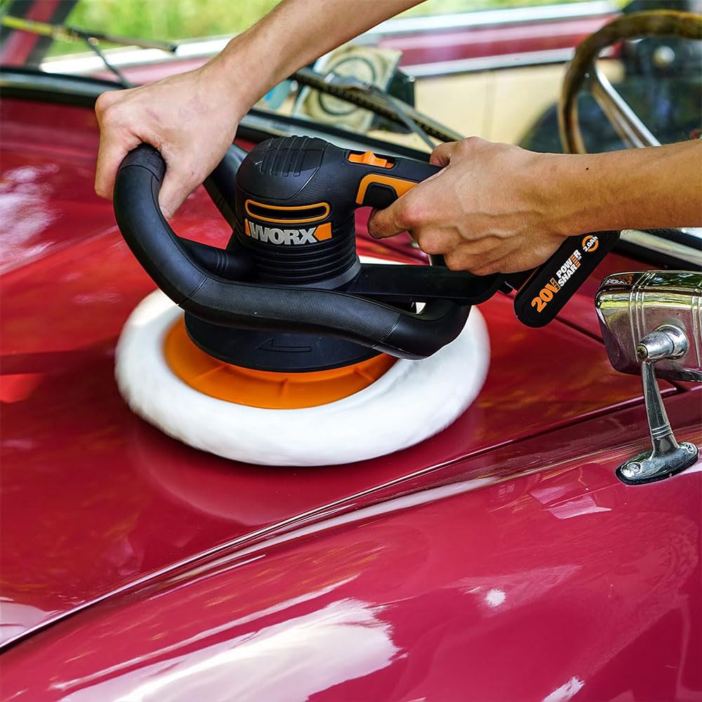 WORX Akku-Poliermaschine 20V WX856.9 – Elektrische Poliermaschine zum Polieren im Innen- und Außenbereich – Ohne Akku & Ladegerät – inkl. Auftrags- & Polierhaube – PowerShare universal kompatibel