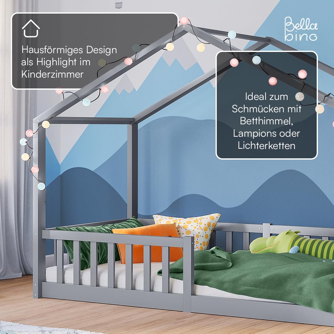 Bellabino Bia Kinderbett 90x200 cm – Bodenbett mit Rausfallschutz & Lattenrost – Hausbett aus Massivholz Kiefer – Montessori Kinder Bett in Hellgrau für Jungen und Mädchen