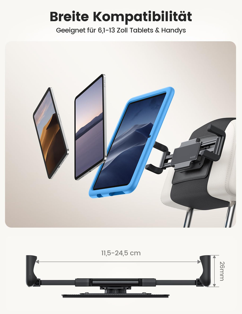 Lamicall Tablet Halterung Auto Kopfstütze - [Faltbare Dicke Tablet-Klemme] 360° Drehung Tablethalterungen Auto, KFZ iPad Kopfstützenhalter für Samsung Tab, iPad Pro, Air, Mini, 6,1-13 Zoll Geräte