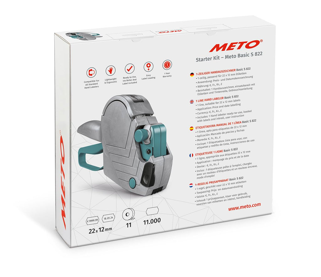 Meto Basic S Starter Kit inkl. 11.000 Etiketten – Preis, Datum, MHD (1-zeilig, 8-stellig für 22x12 mm Etiketten, sofort einsatzbereit) Handauszeichner + 11 Etikettenrollen