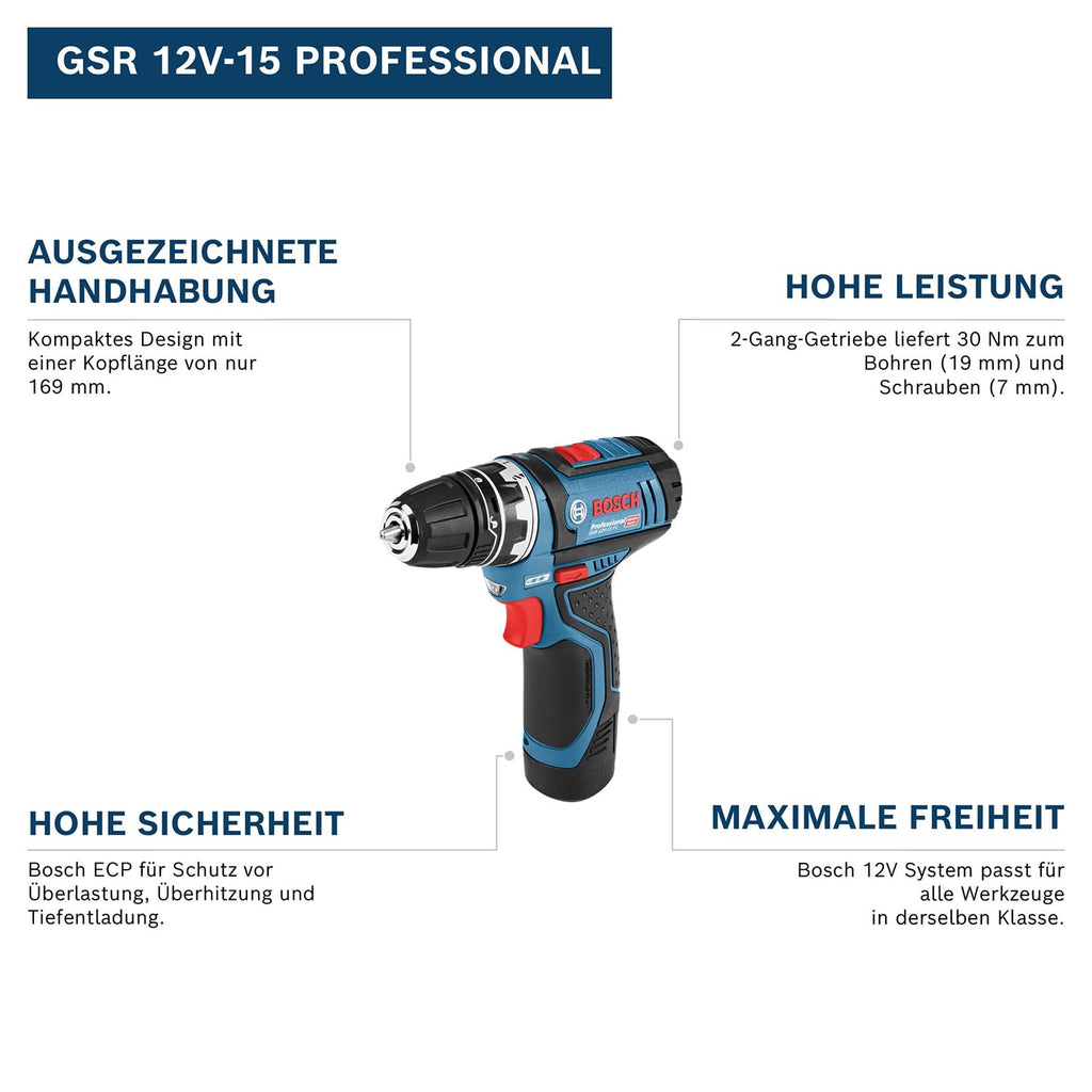 Bosch Professional 12V System Akku Bohrschrauber GSR 12V-15 (inkl. 39 tlg. Zubehörset, 2.0Ah Akku, 4.0Ah Akku, Ladegerät GAL 12V-20, Werkzeugtasche)