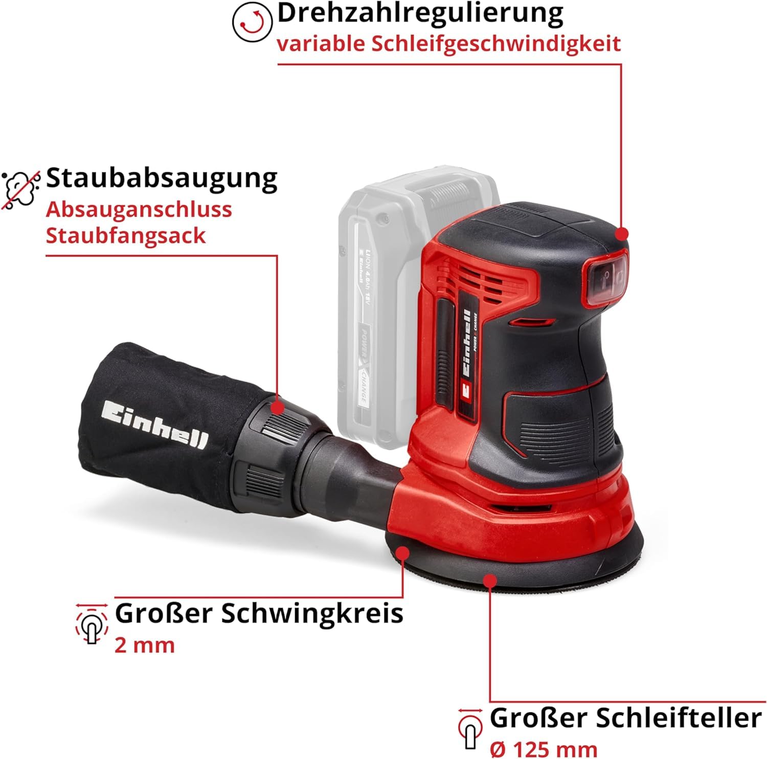 Einhell Akku-Exzenterschleifer TE-RS 18 Li-Solo Power X-Change (Lithium-Ionen, Drehzahl-Elektronik, Mikro-Kletthaftung, inkl. 1x Schleifpapier P80, ohne Akku und Ladegerät)