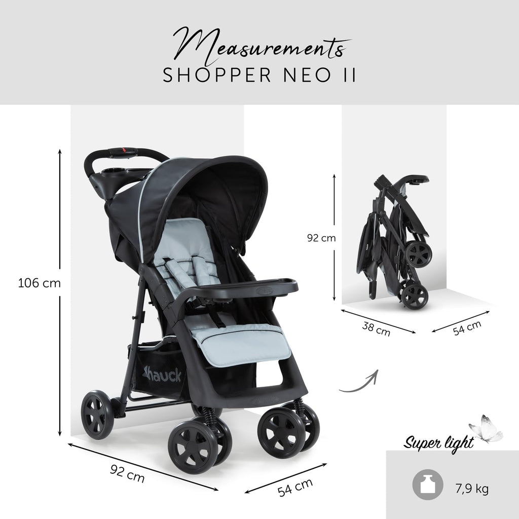 hauck Shopper Neo II, Schwarz Grau - Kinderbuggy mit Liegeposition ab Geburt bis 22 kg, 2x Tablett mit Getränkehalter, Einhändig Klein Zusammenklappbar, Tasche im Verdeck, XL Korb