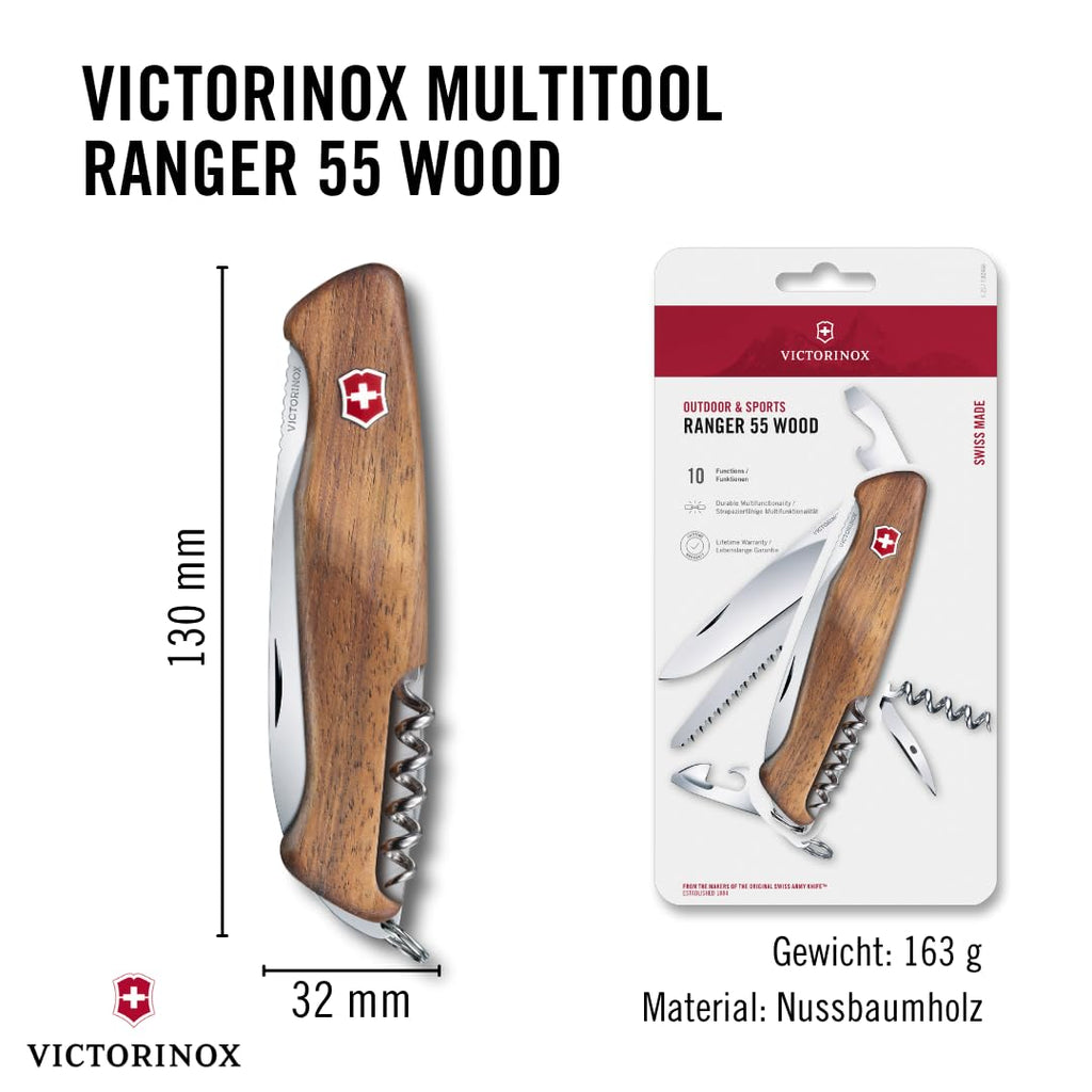 Victorinox Schweizer Taschenmesser gross, Ranger 55, Swiss Army Knife, Multitool, 10 Funktionen, Feststellklinge, Schraubendreher