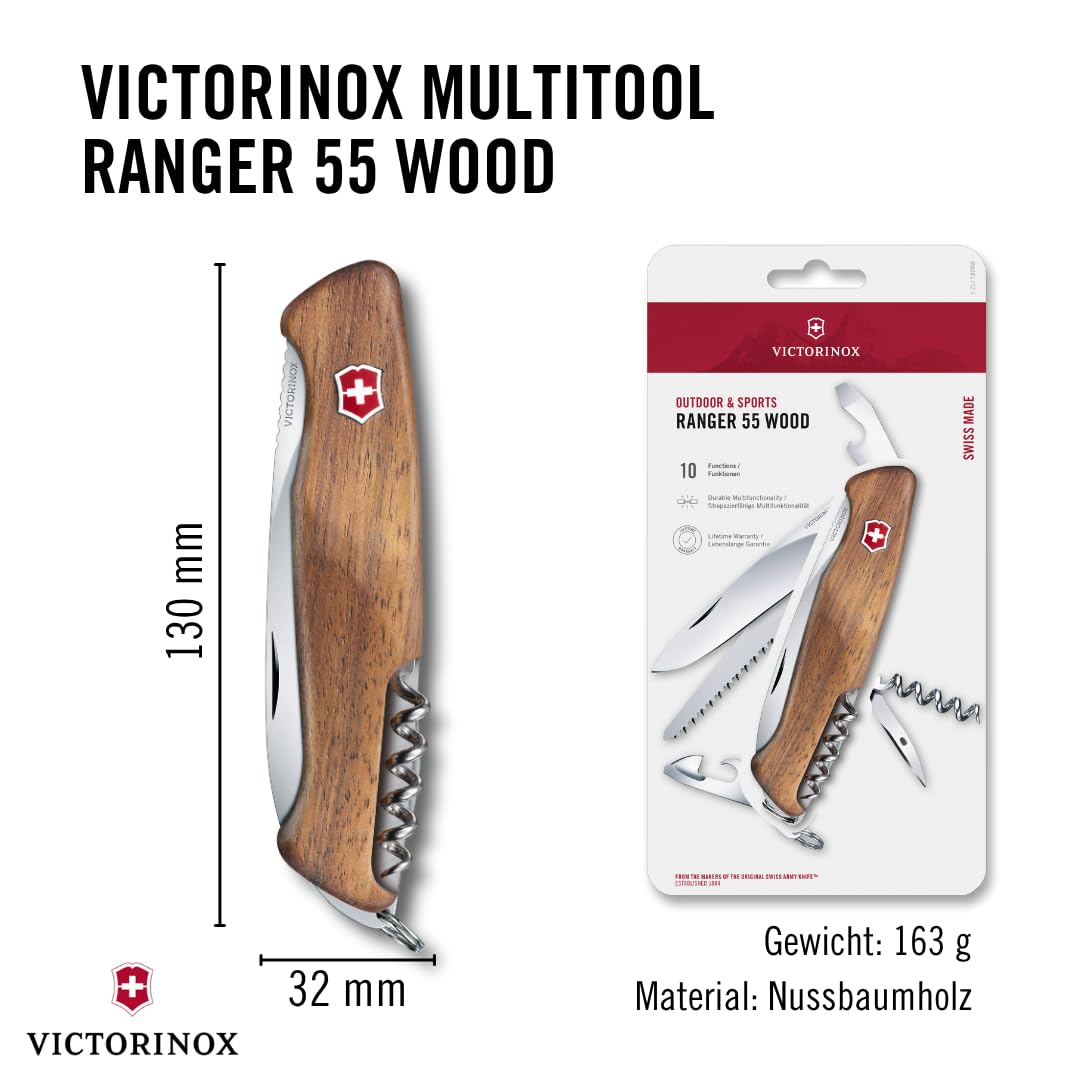 Victorinox Schweizer Taschenmesser gross, Ranger 55, Swiss Army Knife, Multitool, 10 Funktionen, Feststellklinge, Schraubendreher