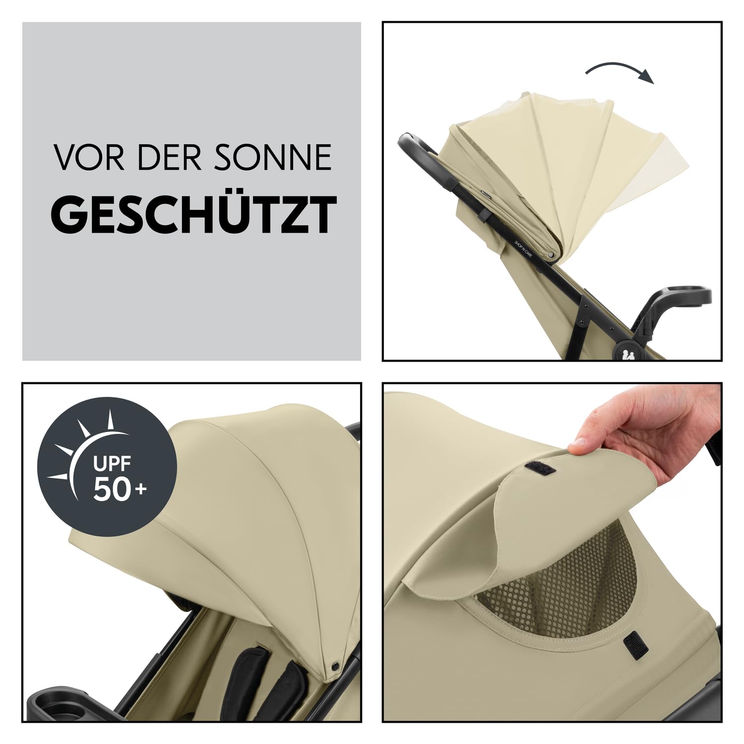 hauck Shop N Care, Olive - Kinderbuggy mit Liegefunktion ab Geburt bis 22 kg, Becherhalter und Snack Tablett, Klein Zusammenklappbar, UV Schutz 50+, XL Korb bis 3 kg