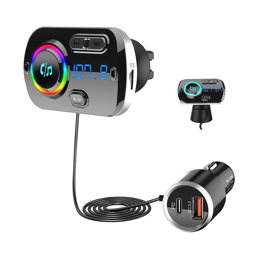 Bluetooth 5.3 FM Transmitter, SONRU Bluetooth Adapter Auto mit Freisprechanlage, [30W PD & 18W QC3.0] Schnelles Autoladegerät mit LED Farblicht Unterstützungs Aux Ausgang und TF Karte