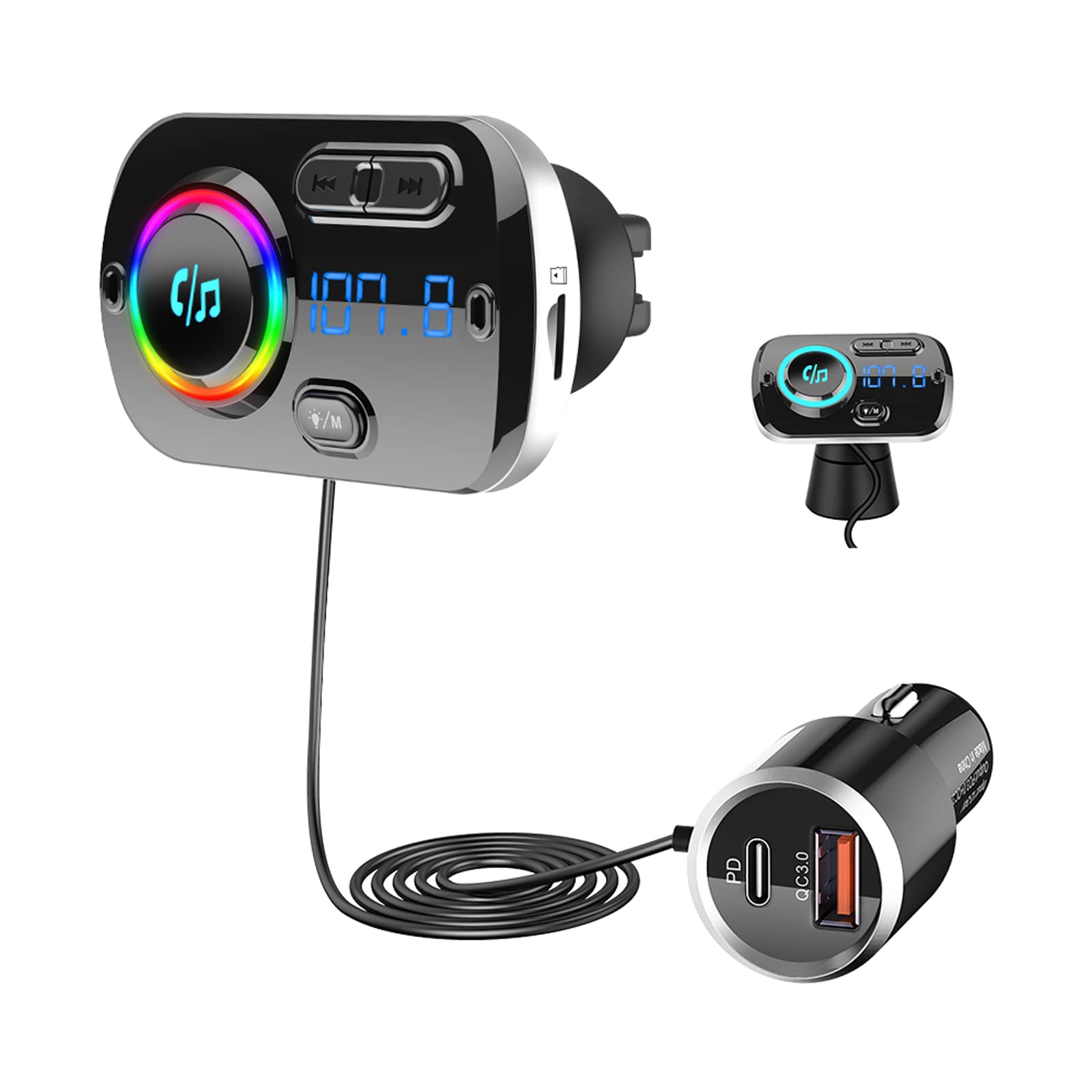 Bluetooth 5.3 FM Transmitter, SONRU Bluetooth Adapter Auto mit Freisprechanlage, [30W PD & 18W QC3.0] Schnelles Autoladegerät mit LED Farblicht Unterstützungs Aux Ausgang und TF Karte