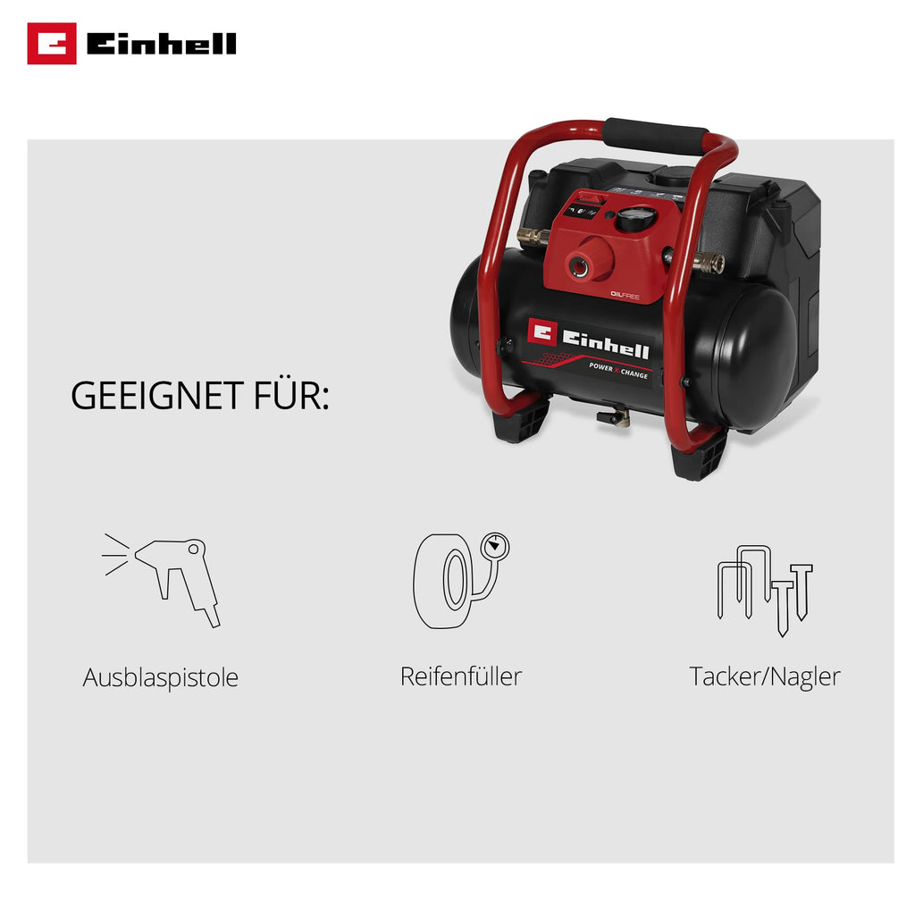 Einhell Akku-Kompressor TE-AC 36/150 Li OF-Solo Power X-Change (36 V, max. 8 bar, 6 l Tank, 150 l/min Ansaugleistung, Manometer, ölfrei, ohne Akku)
