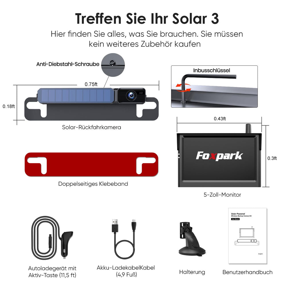 Foxpark Solar Kabellos Digital Rückfahrkamera Set (1080P), 3 Min. DIY Installation, Unterstützt 2 Kameras Funk mit 5" Monitor, IP69K Wasserdicht für Auto, SUV, Van, Wohnmobil