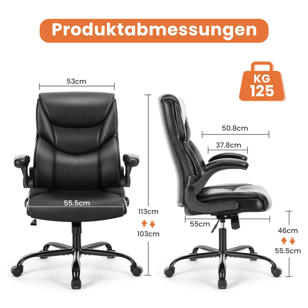 Sweetcrispy Chefsessel PU Leder Bürostuhl Ergonomisch, Schreibtischstuhl mit Hochklappbaren Armlehnen, Ergonomischer Computerstuhl mit Hoher Rückenlehne, Gaming PC Drehstuhl für Arbeit Ruhe, Schwarz