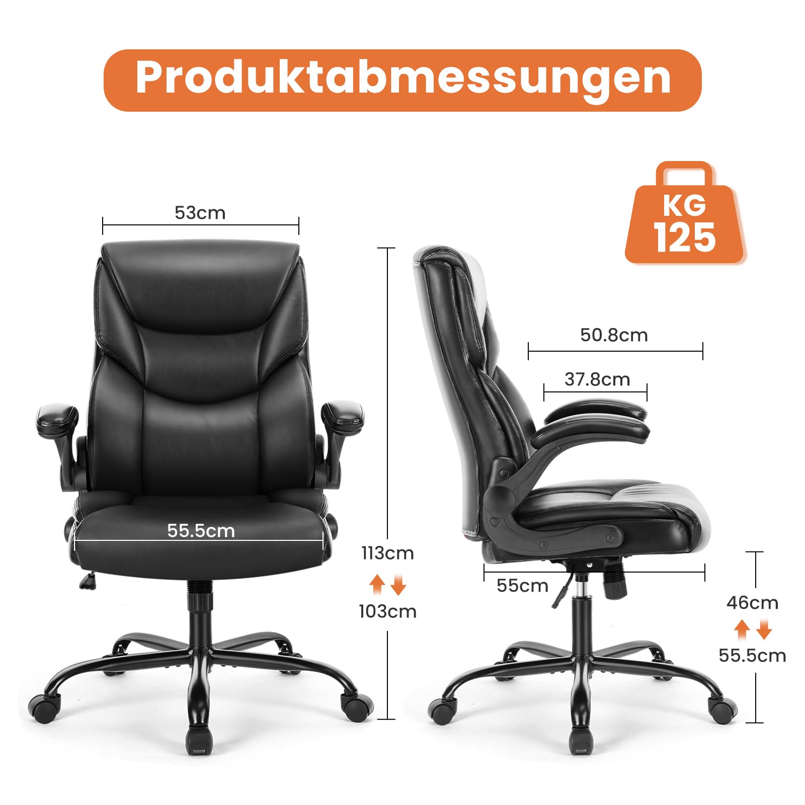 Sweetcrispy Chefsessel PU Leder Bürostuhl Ergonomisch, Schreibtischstuhl mit Hochklappbaren Armlehnen, Ergonomischer Computerstuhl mit Hoher Rückenlehne, Gaming PC Drehstuhl für Arbeit Ruhe, Schwarz