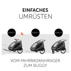 hauck 2in1 Fahrradanhänger & Buggy für 2 Kinder ab 6 Monaten bis 120 cm oder 22 kg Dryk Duo inkl. Deichsel, Kupplung, Buggyrad, Wimpel & Rücklicht, Zusammenklappbar, XL Kofferraum (Melange Grey)