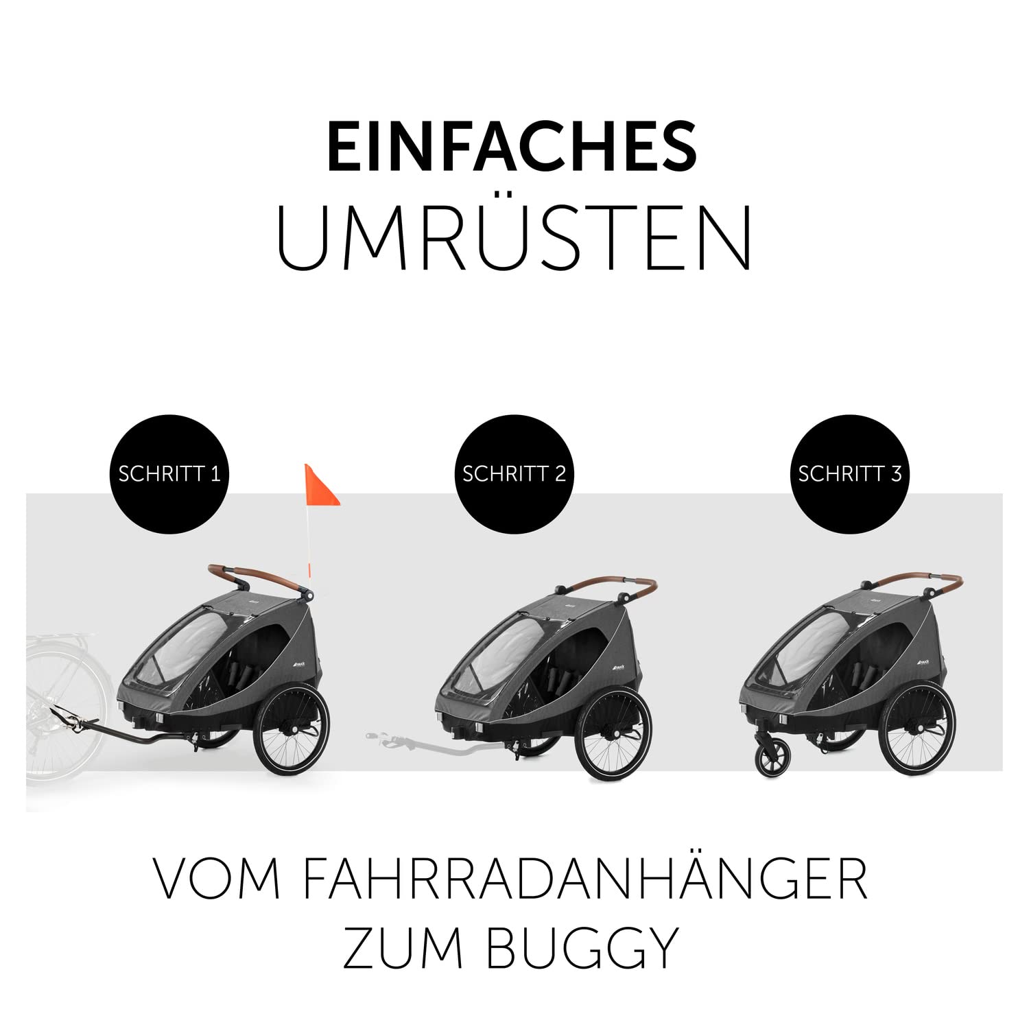 hauck 2in1 Fahrradanhänger & Buggy für 2 Kinder ab 6 Monaten bis 120 cm oder 22 kg Dryk Duo inkl. Deichsel, Kupplung, Buggyrad, Wimpel & Rücklicht, Zusammenklappbar, XL Kofferraum (Melange Grey)