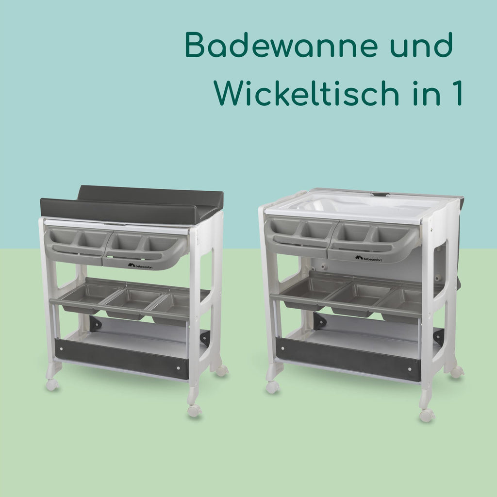 Bebeconfort Dolphy, 2-in-1 Baby Badewanne & Wickelkommode, 0 –12 Monate (max. 11 kg), Einfach Bewegbar Dank 4 Rollen, Aufbewahrungsfächer, Gepolsterte Wickelauflage, Einfache Wannenleerung, Grey Mist