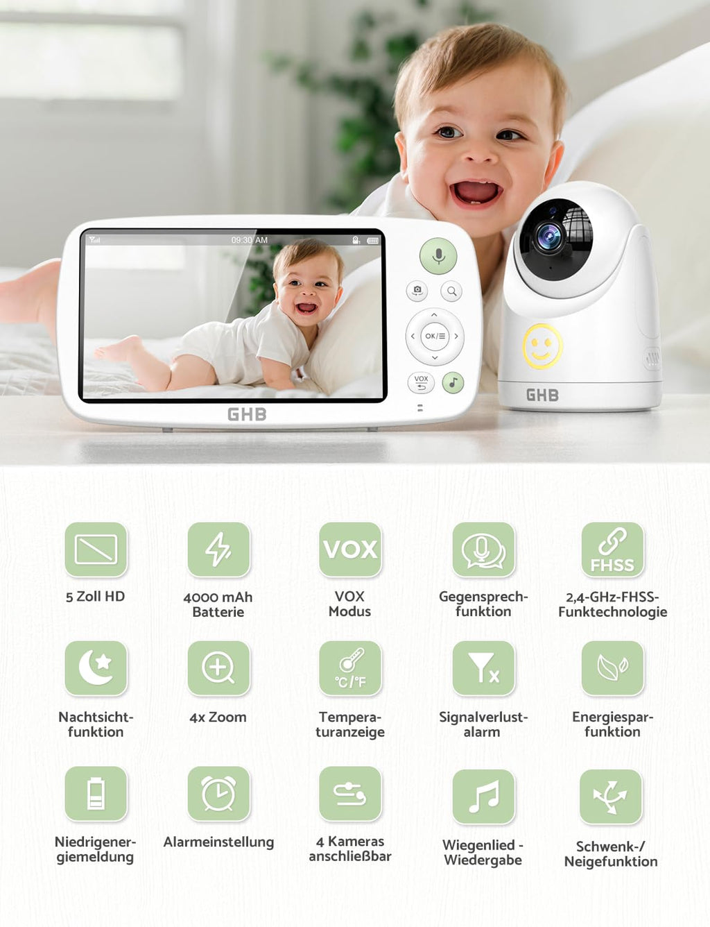 GHB Babyphone mit Kamera 5 Zoll HD 1080P Babyphone 4000-mAh-Akku 7x24 St. im VOX Modus 4xZoom Gegensprechen Nachtsicht Reichweite 300m