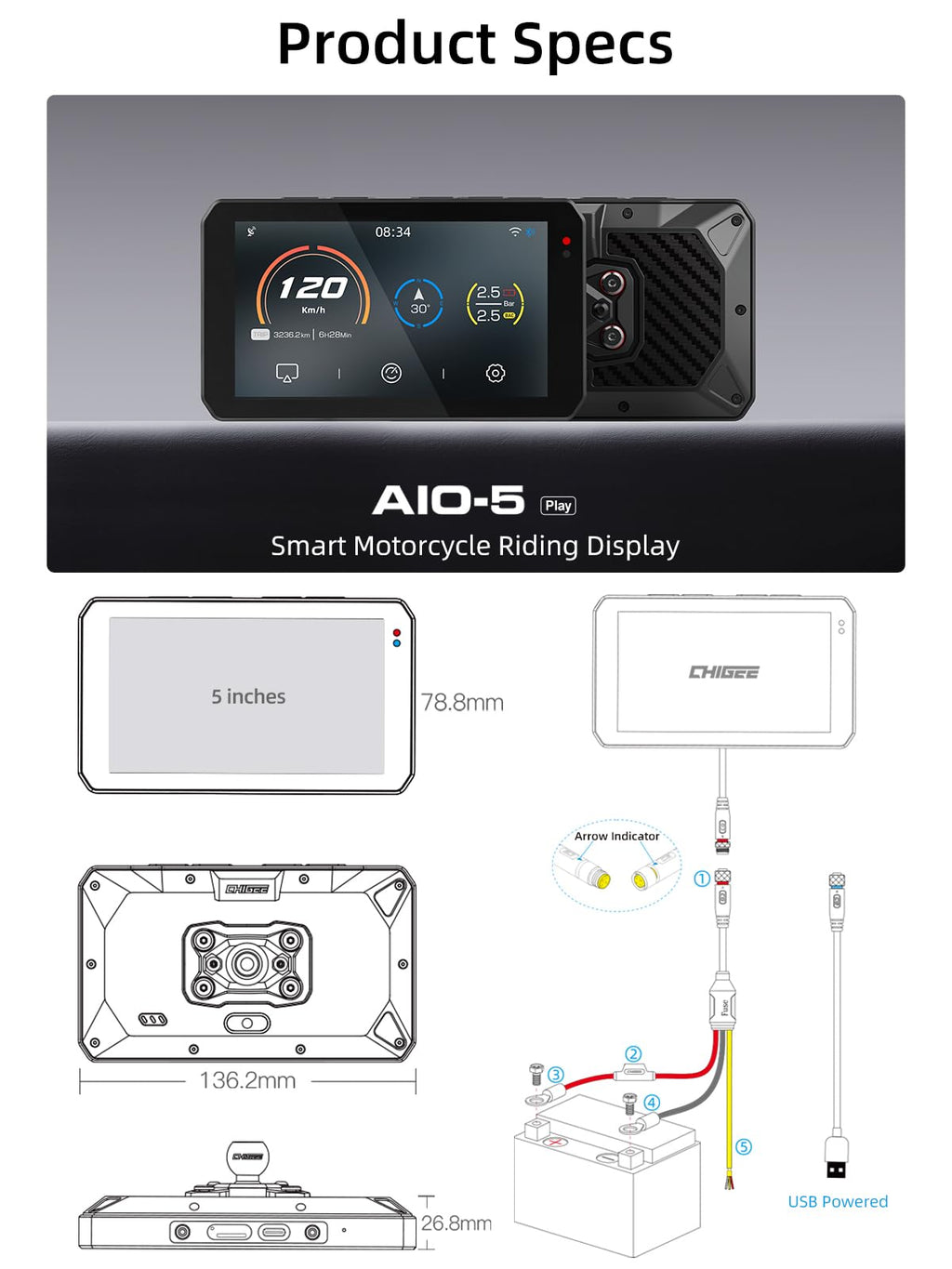 AIO-5Play Motorcycle Carplay Android Auto GPS Navigation System, 5" IPS LCD 60FPS, 5G Wi-Fi BT, IP68 Waterproof, Support Siri Google Assistant, Dedicated App