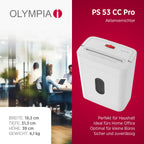OLYMPIA PS 53 CC Pro Aktenvernichter weiß | Papierschredder für Home Office & Büro | Schredder Aktenvernichter P-4 | Partikelschnitt 4×38 mm | 6-Blatt Shredder Papier | 15 L Papier Schredder Gerät