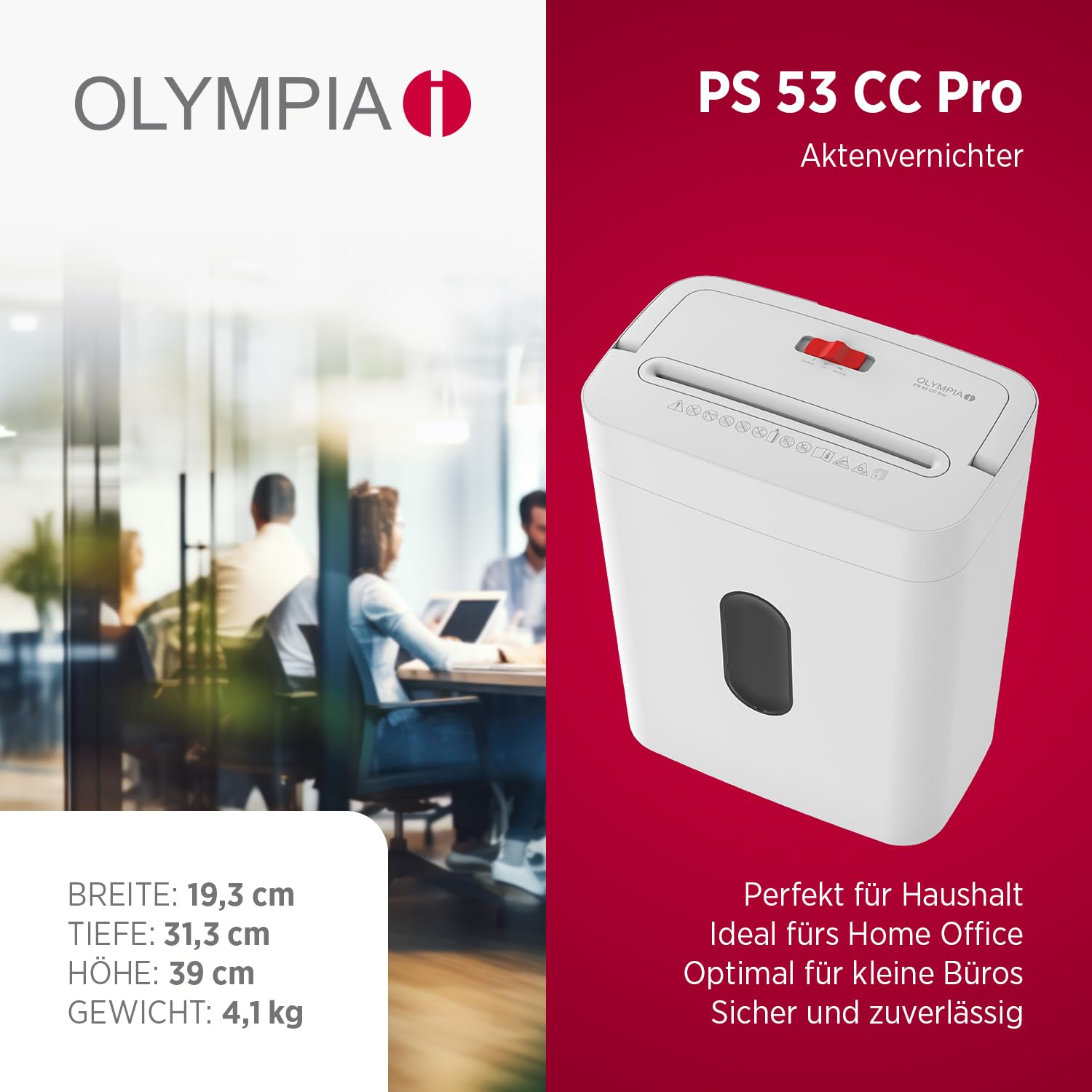 OLYMPIA PS 53 CC Pro Aktenvernichter weiß | Papierschredder für Home Office & Büro | Schredder Aktenvernichter P-4 | Partikelschnitt 4×38 mm | 6-Blatt Shredder Papier | 15 L Papier Schredder Gerät