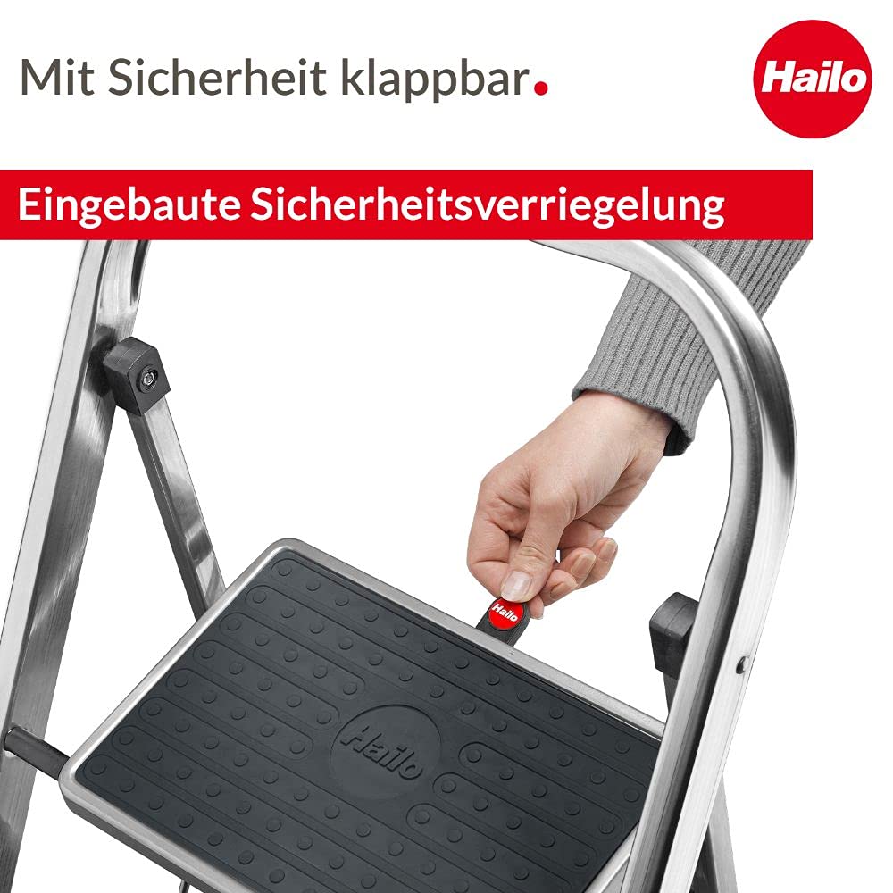 Hailo K70 StandardLine Alu-Klapptritt-Leiter - 2 große Stahl-Stufen mit Anti-Rutsch-Matten belastbar bis 150 kg - Trittleiter mit Klappsicherung - besonders leicht und einfach zu verstauen - Silber